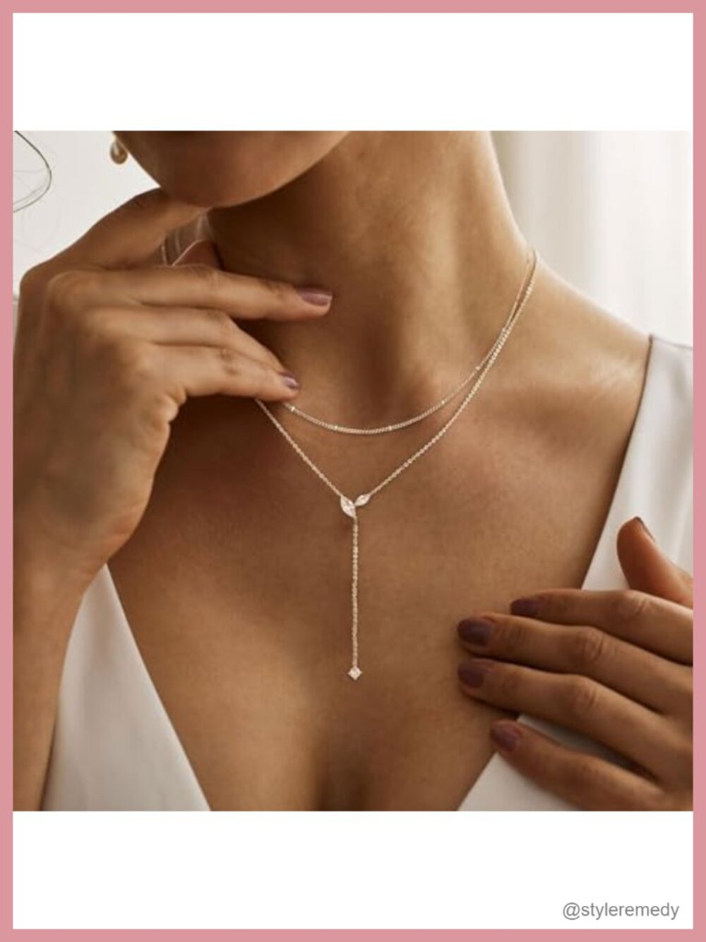 Dainty Layered Y-Shaped Lariat Necklace 14K Gold Plated Brass Crystal CZ Drop - Picture 4 of 6